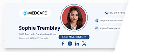 Example ExSign email signature with company logo, employee photo, job title, and social media links