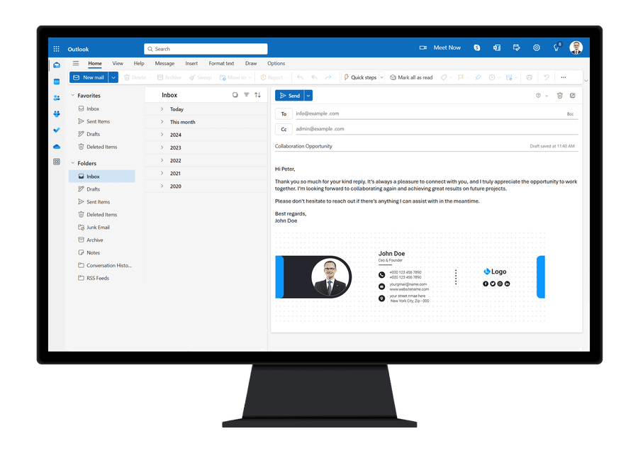 See email signatures while typing, added directly to Outlook