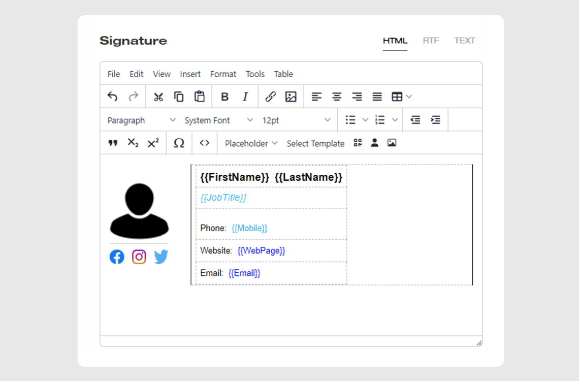 ExSign HTML format email signature preview