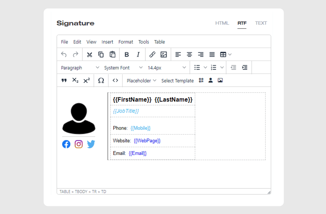 ExSign Rich Text format email signature preview