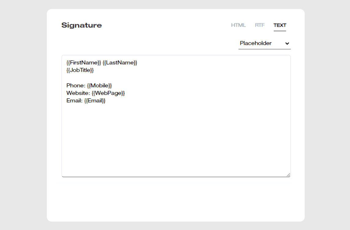 ExSign Plain Text format email signature preview