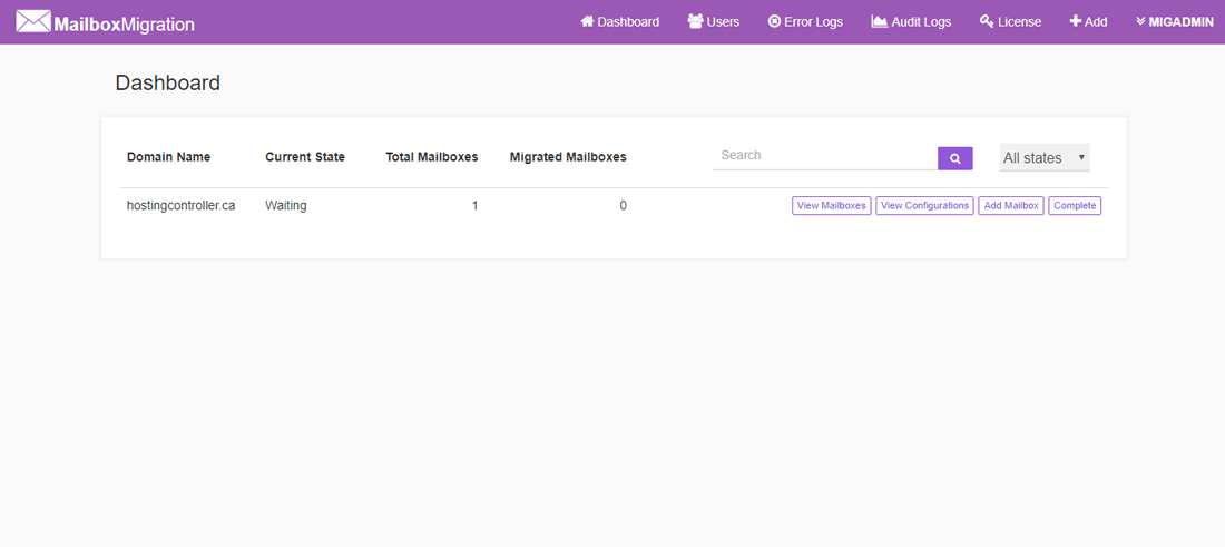 Mail Data Migrator dashboard