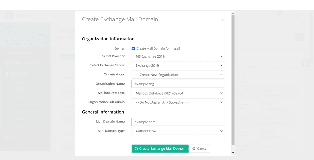 Create Exchange mail domain