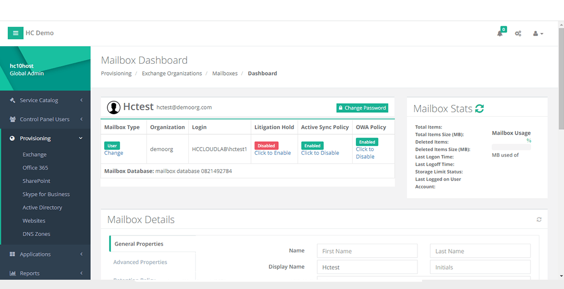 Mailbox dashboard