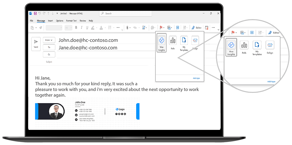 ExSign add-in shown in the Outlook apps menu while composing an email