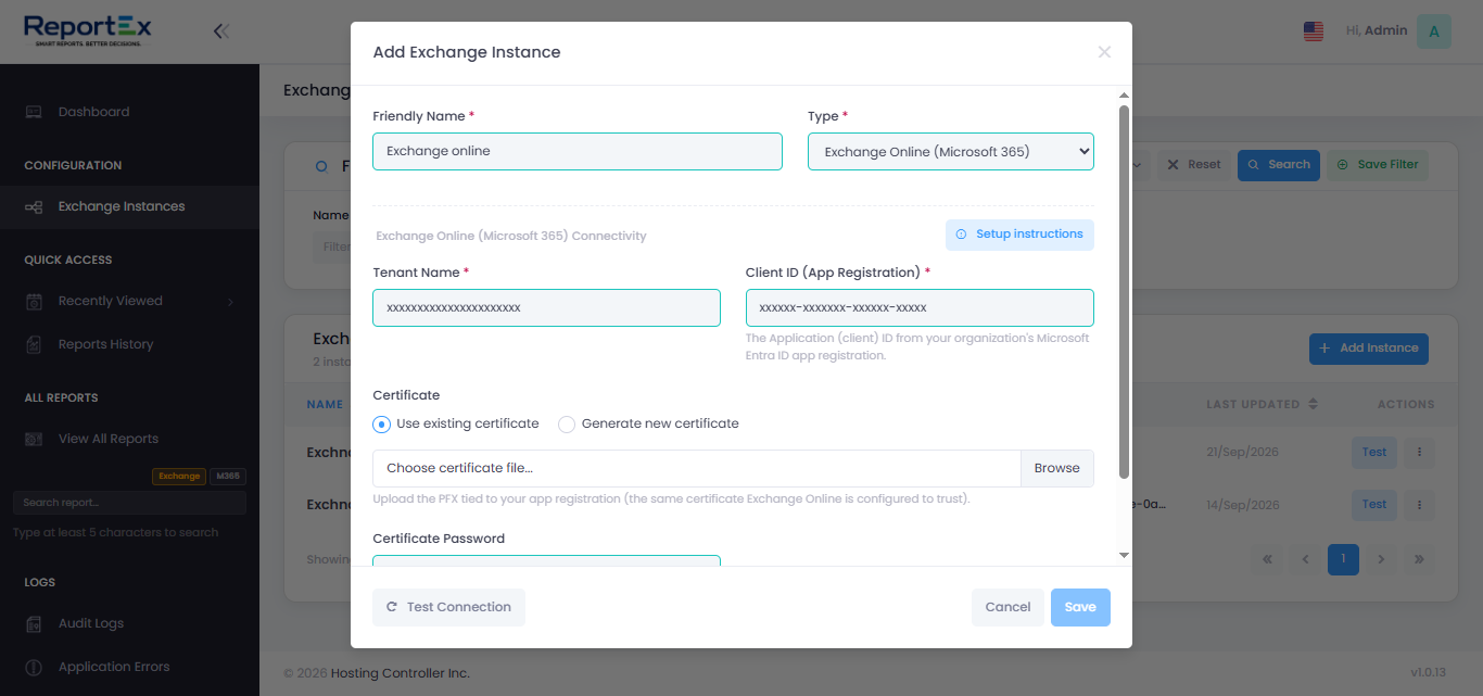 ReportEx add Exchange Online Microsoft 365 instance screen