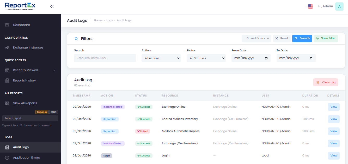 ReportEx audit logs screen