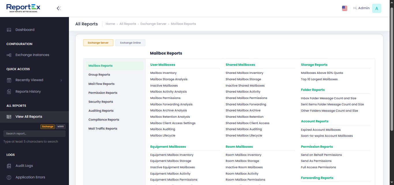 ReportEx all reports list for Exchange On-Prem