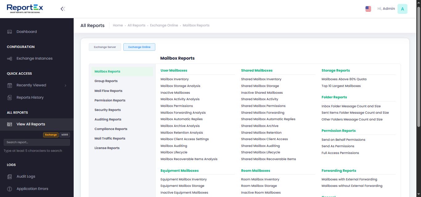 ReportEx all reports list for Exchange Online Microsoft 365