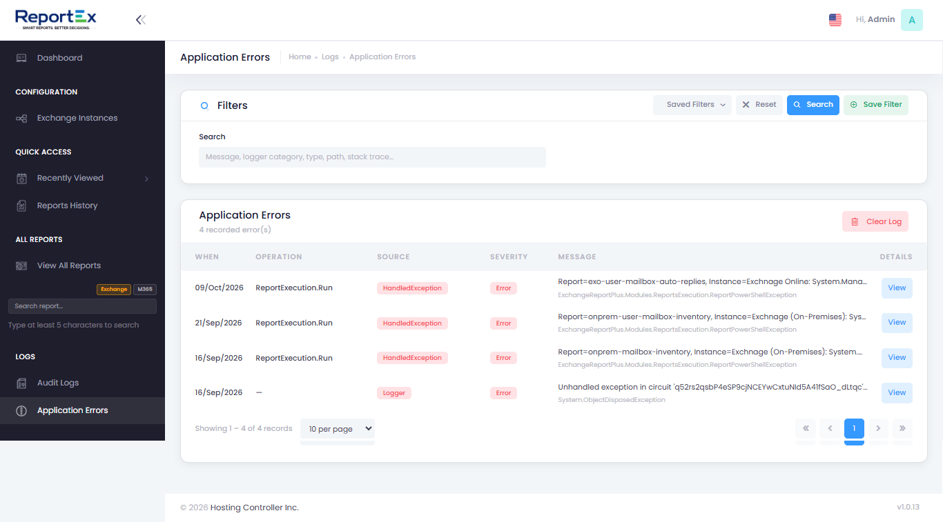 ReportEx application error logs screen