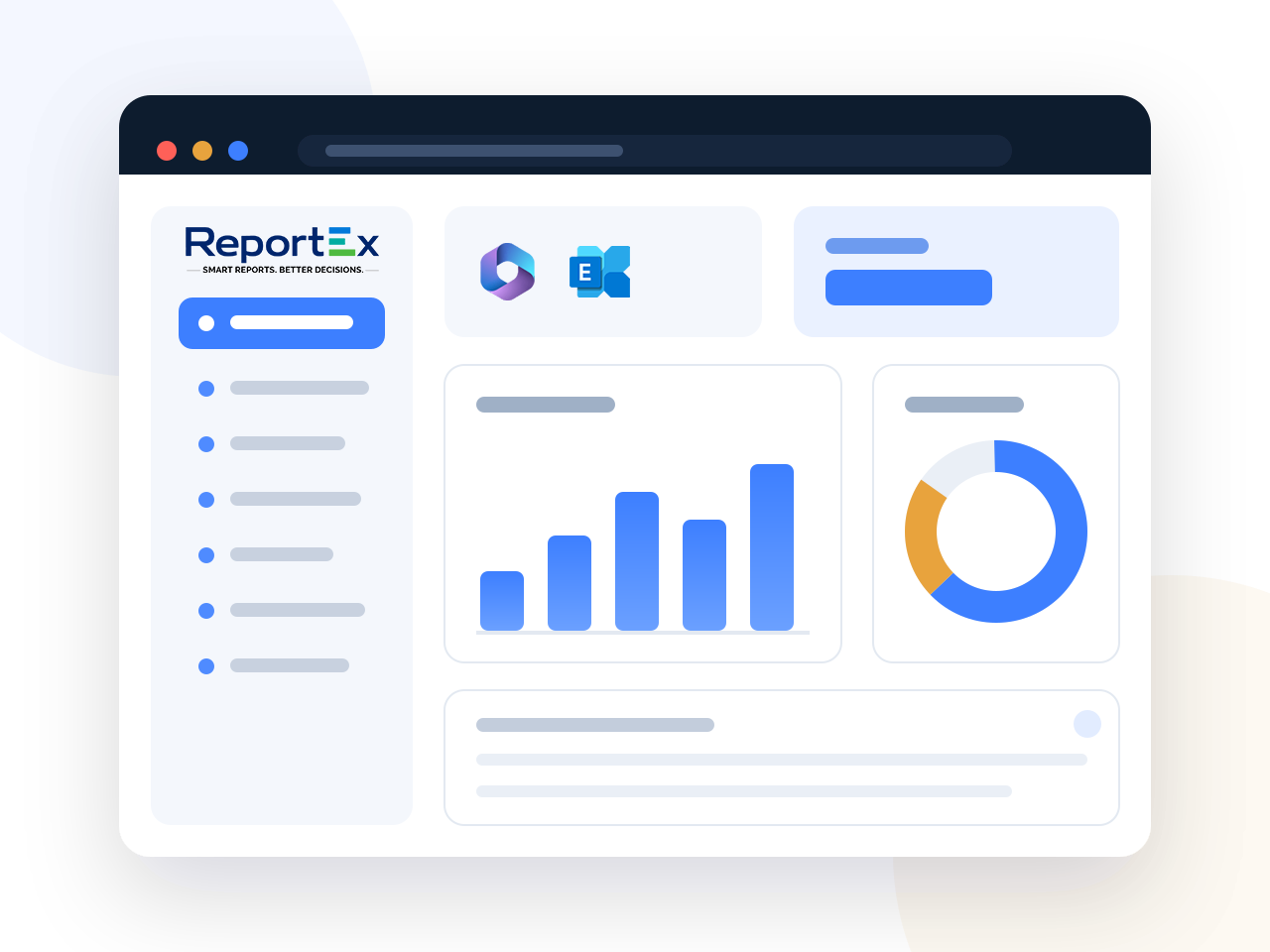 ReportEx web dashboard showing Exchange report categories, charts, and a results table